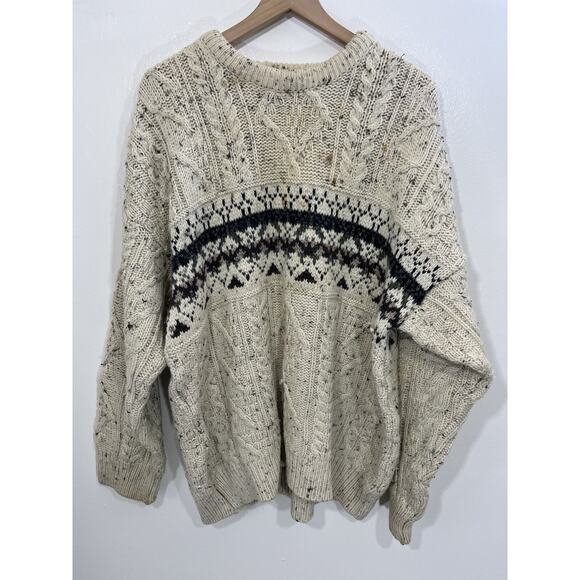 LL Bean Irish Wool Fair Isle Grandpa Heritage Sweater L Cabincore Fisherman Knit - Picture 1 of 16
